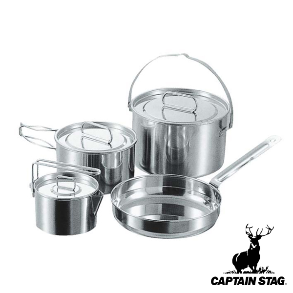 アウトドア 調理器具 Lセット ステンレスクッカー ラグナ キャプテンスタッグ CAPTAIN STAG （ フライパン 鍋 片手鍋 なべ 蓋 ステンレス セット 22cm 20cm 16cm 収納袋付き 日本製 キャンプ バーベキュー ）