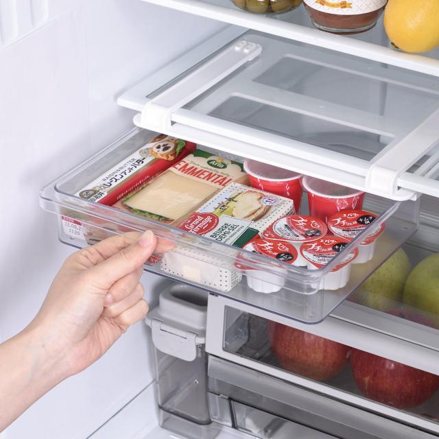 冷蔵庫収納 スキット 冷蔵室棚下引き出しケース SKIT L （ 日本製 プラスチック 冷蔵庫トレー 透明 冷蔵庫整理トレー 引き出し式 吊り下げ 収納 トレー トレイ ケース 収納ボックス 収納ケース 吊下げ 冷蔵室 整理 小物収納 ）