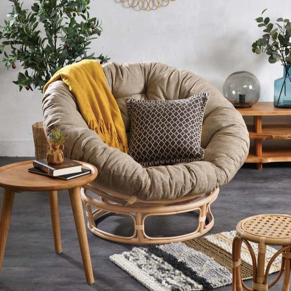 籐　パパサンチェア ラタンチェア クッション付 パパサンチェア パラボラ型 ラタンソファ ナチュラルフレーム 幅100cm