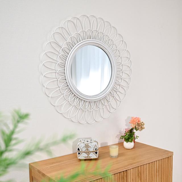 ラウンドミラー ラタン 幅70cm 吊り下げ fiore （ ラタンミラー