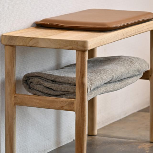 ベンチ 座面高44cm チーク材 HOKOS （ チェアー 長椅子 椅子 ダイニング 完成品 幅63cm コンパクト 木製 天然木 サイドテーブル 座面下収納 食卓椅子 クッション付き レザー調 イス ダイニングチェア 省スペース 玄関 リビング ）_10