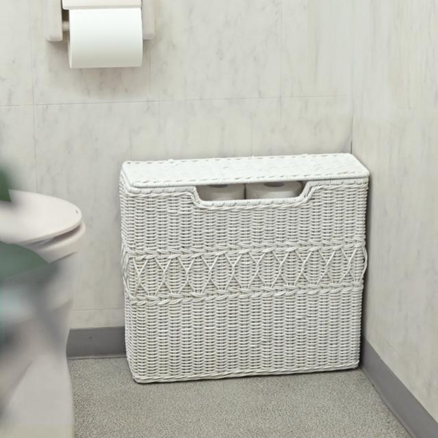 ラタン トイレットペーパー収納 幅45cm 籐 flore （ ストッカー トイレットペーパー 12ロール ゴミ箱 ラタン製 収納 トイレ トイレットペーパーストッカー ペーパー収納 収納ボックス スリム フタ付き 省スペース ）