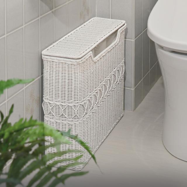 ラタン トイレットペーパー収納 幅45cm 籐 flore （ ストッカー トイレットペーパー 12ロール ゴミ箱 ラタン製 収納 トイレ トイレットペーパーストッカー ペーパー収納 収納ボックス スリム フタ付き 省スペース ）