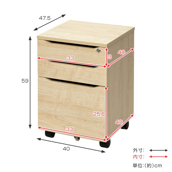 法人限定】 デスクキャビネット 3段 木目調 ユピタ 幅40cm （ 送料無料