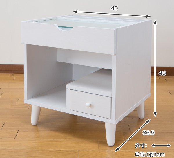 サイドテーブル 幅40cm コスメボックス ガラス天板 コンパクト コスメ アクセサリー 収納 マガジンラック （ テーブル ミニ ドレッサー ソファテーブル メイク 引き出し ガラス ミニテーブル ホワイト ディスプレイ ）_2