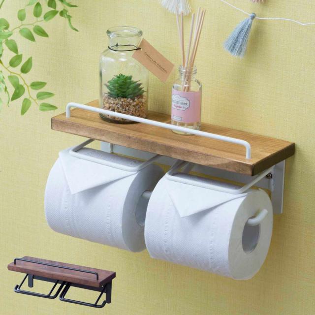 トイレットペーパーホルダー 棚付 天然木 ダブルタイプ 幅27.5cm ダークブラウン （ ペーパーホルダー トイレットペーパー ダブル 2連 棚 棚付き 小物置き トイレ ペーパー収納 ホルダー ペーパー押さえ 落下防止 おしゃれ ）の通販は