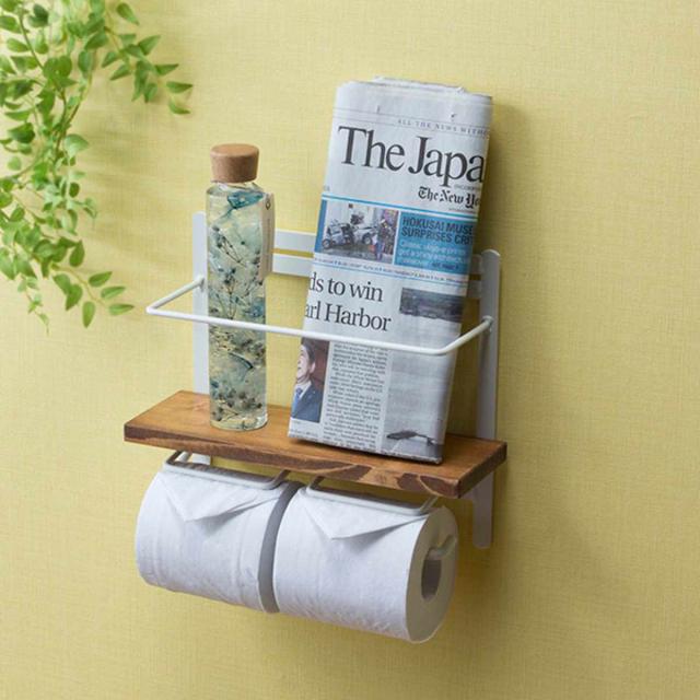 トイレットペーパーホルダー 棚付 天然木 ダブルハイタイプ 幅28.5cm ダークブラウン （ ペーパーホルダー トイレットペーパー キッチンペーパー 棚 棚付き ハイタイプ 小物置き 新聞 雑誌 スパイス ホルダー 落下防止 ）の通販は