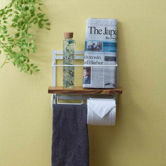 トイレットペーパーホルダー 棚付 天然木 ダブルハイタイプ 幅28.5cm ダークブラウン （ ペーパーホルダー トイレットペーパー キッチンペーパー 棚 棚付き ハイタイプ 小物置き 新聞 雑誌 スパイス ホルダー 落下防止 ）の通販は