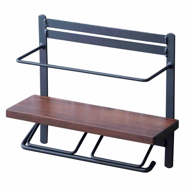 トイレットペーパーホルダー 棚付 天然木 ダブルハイタイプ 幅28.5cm ダークブラウン （ ペーパーホルダー トイレットペーパー キッチンペーパー 棚 棚付き ハイタイプ 小物置き 新聞 雑誌 スパイス ホルダー 落下防止 ）の通販は