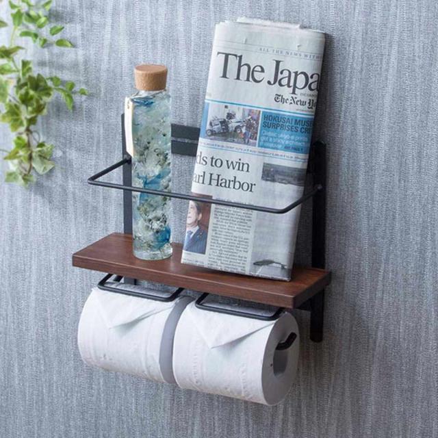 トイレットペーパーホルダー 棚付 天然木 ダブルハイタイプ 幅28.5cm ダークブラウン （ ペーパーホルダー トイレットペーパー キッチンペーパー 棚 棚付き ハイタイプ 小物置き 新聞 雑誌 スパイス ホルダー 落下防止 ）の通販は