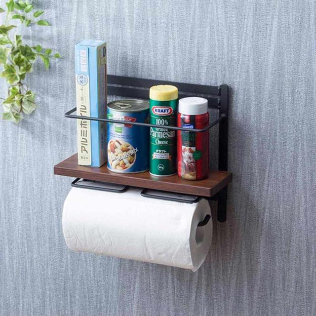 トイレットペーパーホルダー 棚付 天然木 ダブルハイタイプ 幅28.5cm ダークブラウン （ ペーパーホルダー トイレットペーパー キッチンペーパー 棚 棚付き ハイタイプ 小物置き 新聞 雑誌 スパイス ホルダー 落下防止 ）の通販は