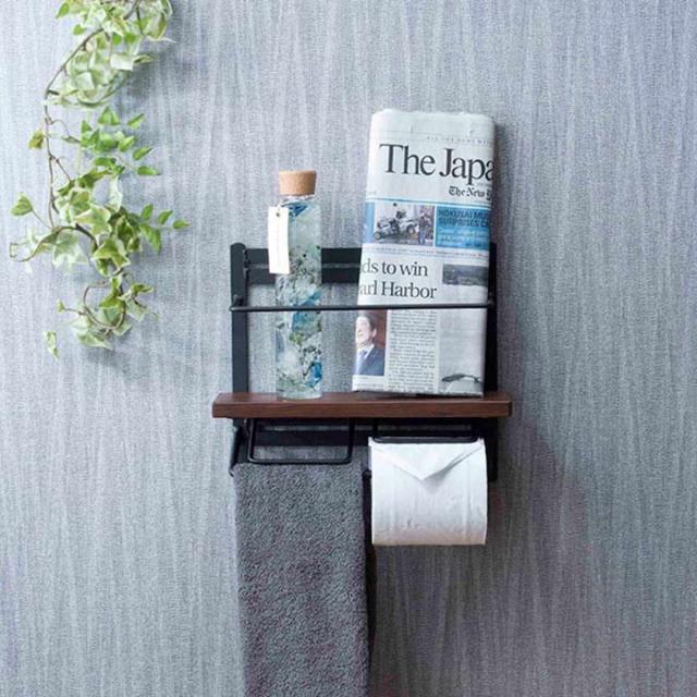 トイレットペーパーホルダー 棚付 天然木 ダブルハイタイプ 幅28.5cm ダークブラウン （ ペーパーホルダー トイレットペーパー キッチンペーパー 棚 棚付き ハイタイプ 小物置き 新聞 雑誌 スパイス ホルダー 落下防止 ）の通販は