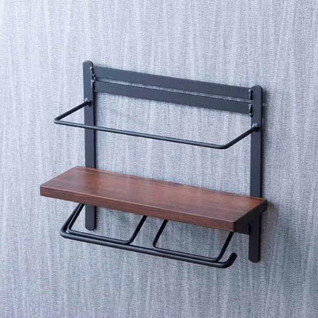 トイレットペーパーホルダー 棚付 天然木 ダブルハイタイプ 幅28.5cm ダークブラウン （ ペーパーホルダー トイレットペーパー キッチンペーパー 棚 棚付き ハイタイプ 小物置き 新聞 雑誌 スパイス ホルダー 落下防止 ）の通販は