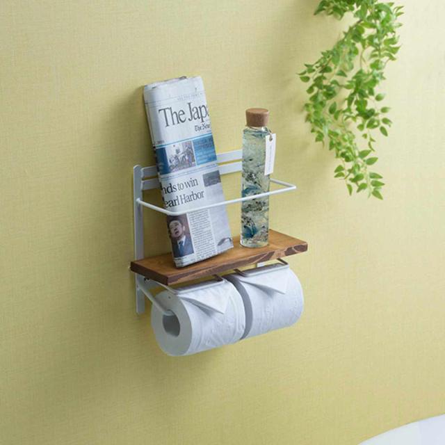 トイレットペーパーホルダー 棚付 天然木 ダブルハイタイプ 幅28.5cm ダークブラウン （ ペーパーホルダー トイレットペーパー キッチンペーパー 棚 棚付き ハイタイプ 小物置き 新聞 雑誌 スパイス ホルダー 落下防止 ）の通販は