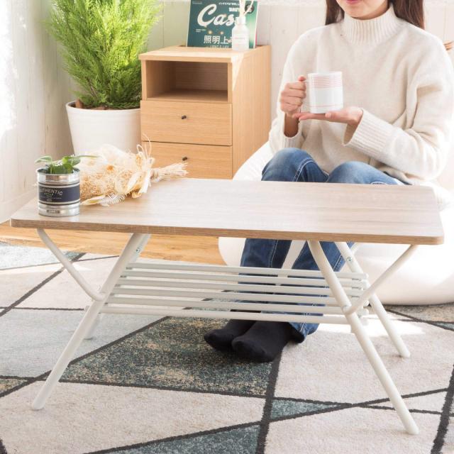 センターテーブル 折りたたみ 幅75cm （ ローテーブル リビングテーブル 折りたたみテーブル 収納棚 コンパクト 小さい 四角 木目調 スチール脚 おしゃれ 完成品 ）_16