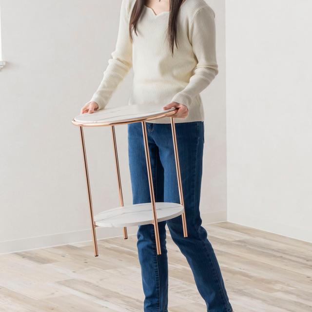 サイドテーブル型 直径38cm 高さ48cm （ ナイトテーブル ミニテーブル ソファ ベッド 横 大理石柄 丸 ラウンド ピンクゴールド メッキ 脚 フェミニン エレガント 高級感 ）_9
