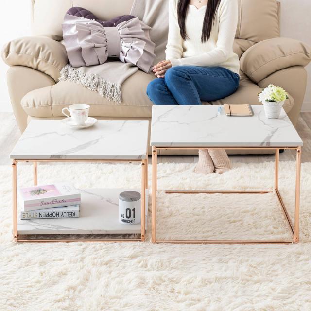 ネストテーブル 幅55cm 幅49cm センターテーブル （ ローテーブル テーブル 大 小 2点セット 大理石柄 長方形 ピンクゴールド メッキ 脚 フェミニン エレガント 高級感 ）_14