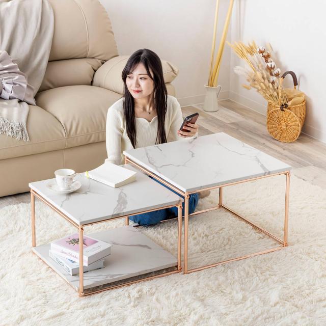 ネストテーブル 幅55cm 幅49cm センターテーブル （ ローテーブル テーブル 大 小 2点セット 大理石柄 長方形 ピンクゴールド メッキ 脚 フェミニン エレガント 高級感 ）_15