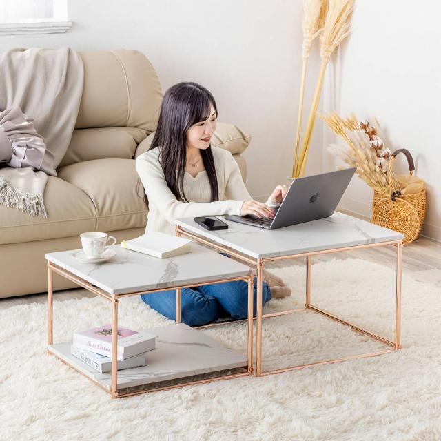 ネストテーブル 幅55cm 幅49cm センターテーブル （ ローテーブル テーブル 大 小 2点セット 大理石柄 長方形 ピンクゴールド メッキ 脚 フェミニン エレガント 高級感 ）_16