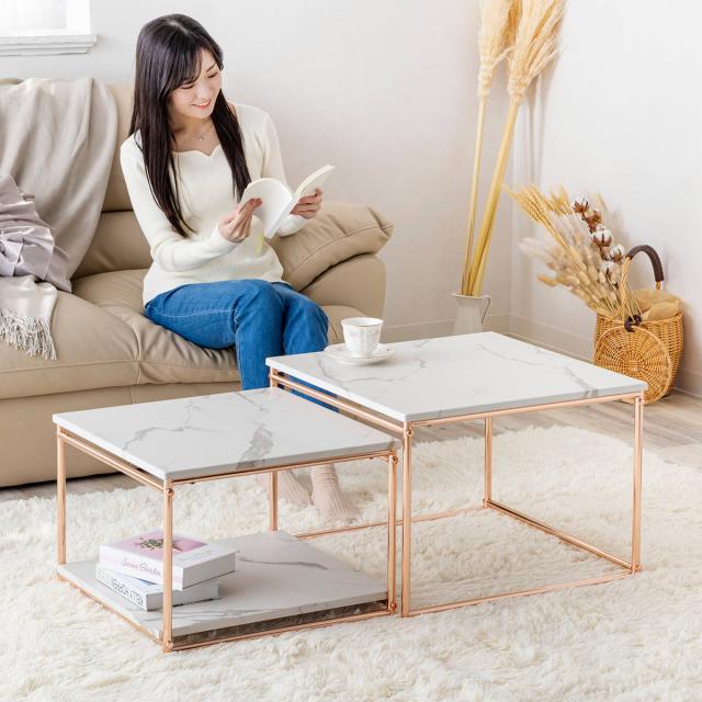 ネストテーブル 幅55cm 幅49cm センターテーブル （ ローテーブル テーブル 大 小 2点セット 大理石柄 長方形 ピンクゴールド メッキ 脚 フェミニン エレガント 高級感 ）_17