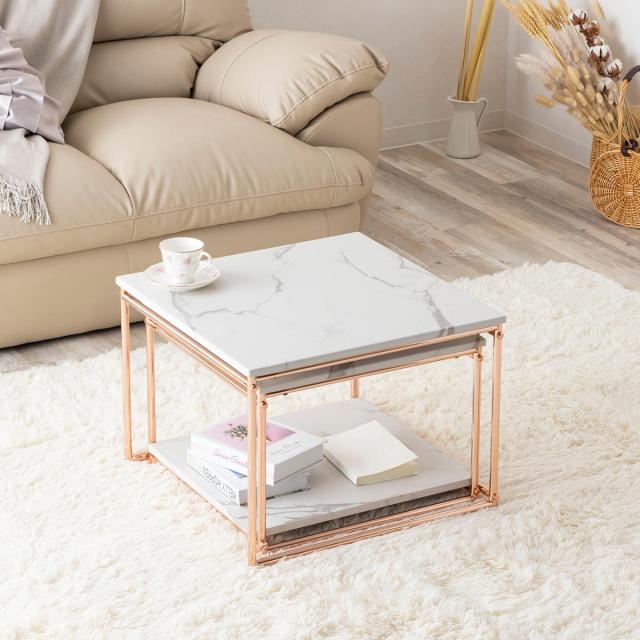 ネストテーブル 幅55cm 幅49cm センターテーブル （ ローテーブル テーブル 大 小 2点セット 大理石柄 長方形 ピンクゴールド メッキ 脚 フェミニン エレガント 高級感 ）_4