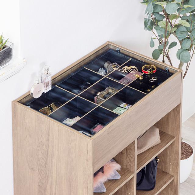 キャビネット 幅60cm ガラス天板 木目調 オープンラック （ アクセサリー 時計 化粧品 コレクションケース 収納棚 コスメ 香水 ディスプレイ リビング収納 おしゃれ ）_7