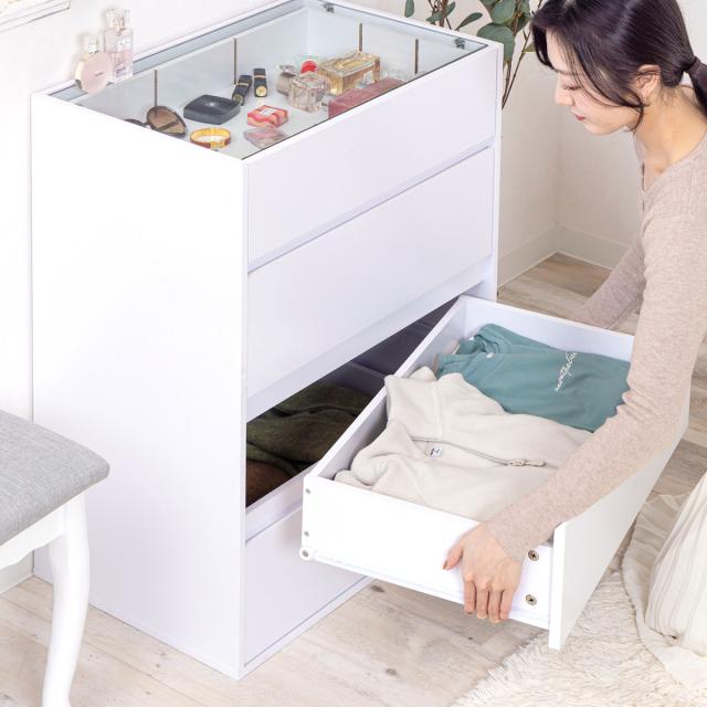 チェスト 幅60cm ガラス天板 引き出し3段 木目調 コレクションケース （ アクセサリー 時計 化粧品 コレクションラック 収納棚 コスメ 香水 ディスプレイ リビング収納 おしゃれ ）