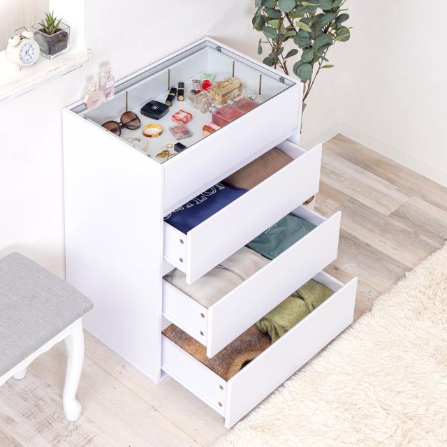 チェスト 幅60cm ガラス天板 引き出し3段 木目調 コレクションケース （ アクセサリー 時計 化粧品 コレクションラック 収納棚 コスメ 香水 ディスプレイ リビング収納 おしゃれ ）