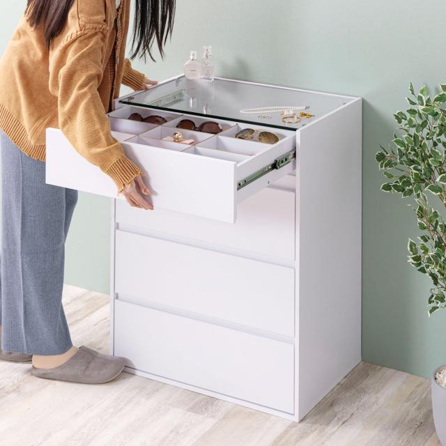 チェスト 幅60cm ガラス天板 引き出し3段 木目調 コレクションケース （ アクセサリー 時計 化粧品 コレクションラック 収納棚 コスメ 香水 ディスプレイ リビング収納 おしゃれ ）