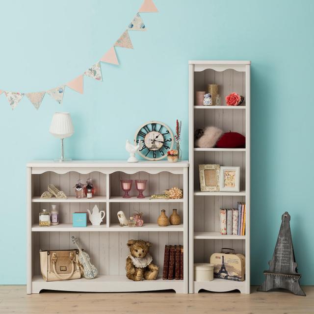 オープンラック 幅43.3cm 5段 モンシェリーヌ 白家具 木製 （ 本棚 ディスプレイ ラック 棚 収納 シャビー調 多目的ラック シェルフ 家具 フレンチカントリー 書棚 ）の通販は