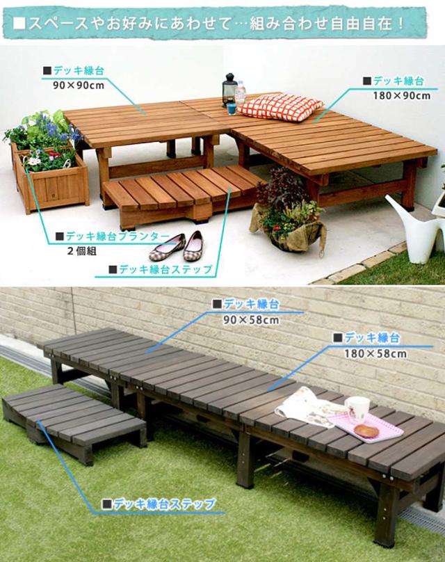 デッキ縁台 180×58 3点セット ウッドデッキ （ ガーデンデッキ 天然木 天然木デッキ DIY 2台 縁台 ぬれ縁 踏み台 掃き出し窓 連結 杉材 木製 バルコニー 庭 エクステリア 外構 簡単 ウッド デッキ ）_9