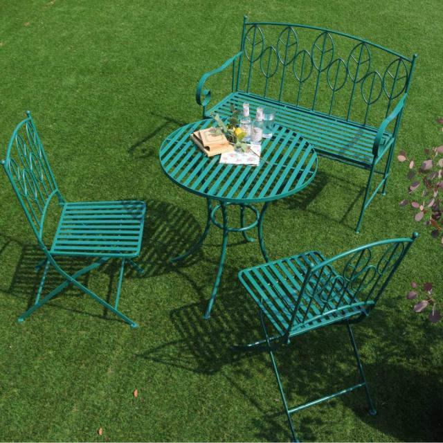 ラウンドテーブル アイアン製 Sunny Leaf サニーリーフ 4点セット （ テーブル ガーデンチェア ガーデン 庭 折りたたみ 机 椅子 ベンチ セット カフェテーブル ガーデンテーブル ガーデンベンチ チェア カフェ バルコニー テラス ）の通販は 37,700円