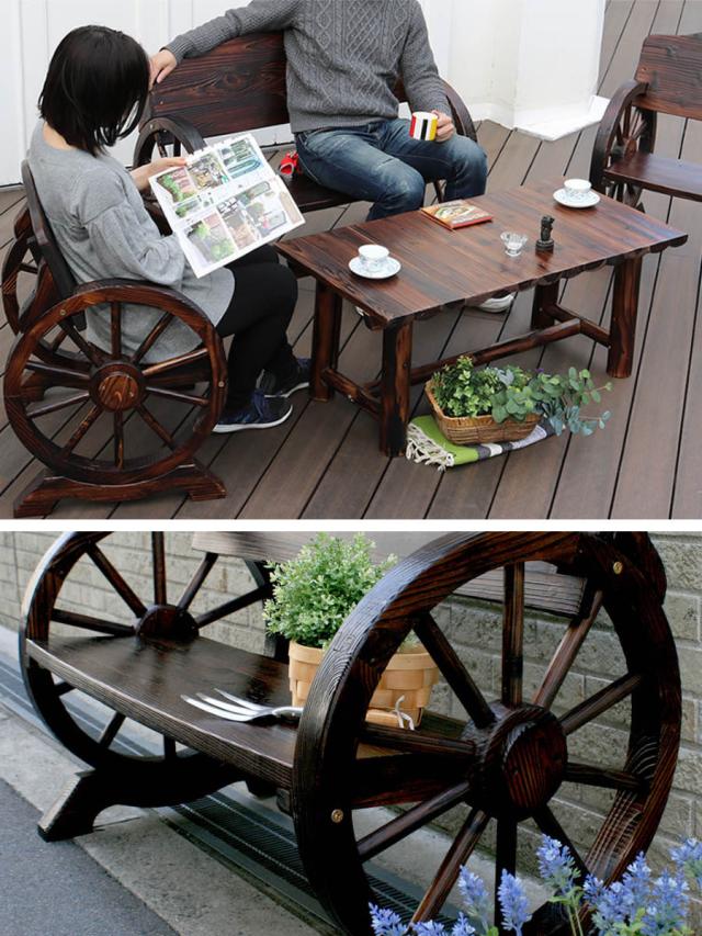 車輪ベンチ 幅110cm （ ベンチ 木製 屋外 ウッドチェア ウッドベンチ