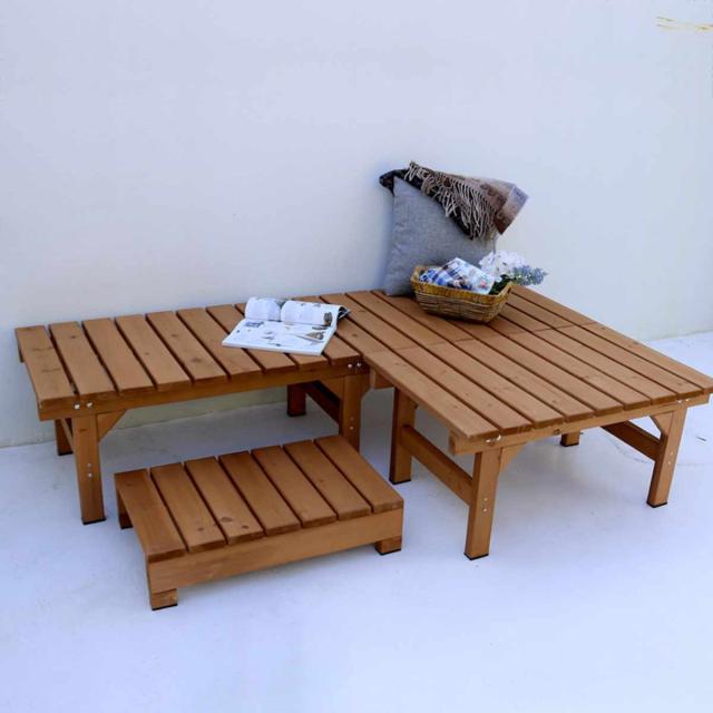 ユニット縁台ベンチ hiyori 連結3点セット 幅174×奥行55cm （ ガーデンデッキ ベンチ 木製 屋外 ウッドデッキ ウッドベンチ 庭 バルコニー 縁台 天然木 杉 庭先 ぬれ縁 踏み台 掃き出し窓 連結 ウッド デッキ おしゃれ ）_4