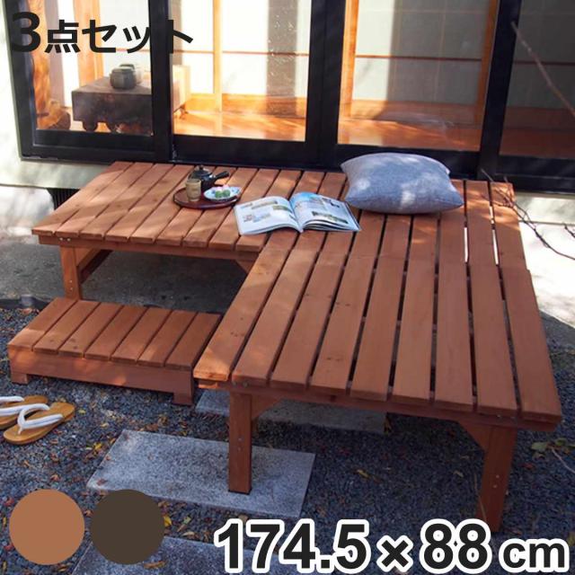 ユニット縁台ベンチ hiyori 連結3点セット 幅174.5×奥行88cm （ ガーデンデッキ ベンチ 木製 屋外 ウッドデッキ ウッドベンチ 庭 バルコニー 縁台 天然木 杉 庭先 ぬれ縁 踏み台 掃き出し窓 連結 ウッド デッキ おしゃれ ）の通販は