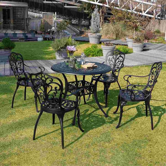 テーブル＆チェア アルミ製ラウンドテーブル＆チェア トルペ 5点セット （ テーブル ガーデンチェア ガーデン 庭 机 丸 ラウンド 椅子 カフェテーブル ガーデンテーブル チェア カフェ バルコニー パラソル パラソル用ホール 穴 ）