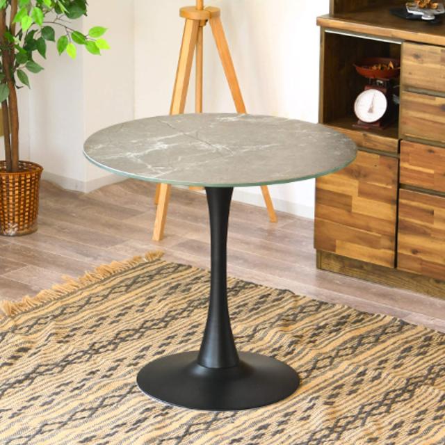 ダイニングテーブル 幅80cm カフェテーブル （ 丸 テーブル 円形 ラウンド 1人掛け 2人掛け ダイニング 食卓 石目調 ストーン調 ガラス天板 グレー ）の通販は