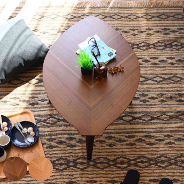 ローテーブル 折りたたみ 幅90cm センターテーブル リーフ （ 90×60cm リビングテーブル テーブル 折り畳み 木目 ウォールナット オーク 天然木 コンパクト 小さい 小さめ かわいい 葉っぱ 葉 完成品 ）の通販は