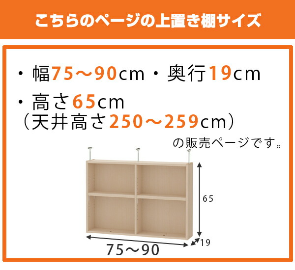 上置き棚 高さ65cm ワイドタイプ用 幅75-90cm 奥行き19cm 対応 （ 天井高さ250-259cm オーダー本棚 収納棚 Type65 ブックシェルフ リビング収納 漫画収納 子供部屋 オーダーメイド 国産 フリーラック 書棚 本棚 オーダー 書庫 ）_1