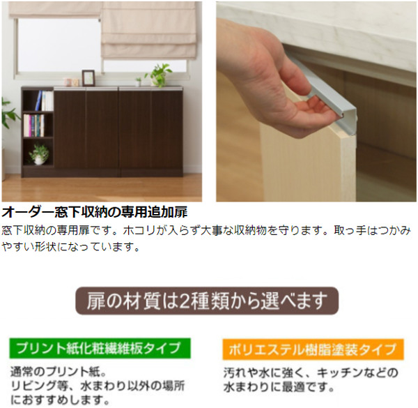サイズオーダー家具 窓下収納専用扉 ポリエステルタイプ 幅60cm 高さ70-89ｃｍ （ 扉 専用扉 追加扉 開き扉 両開き扉 パーツ オプションパーツ オーダーメイド キッチン収納 カウンター下収納 ）