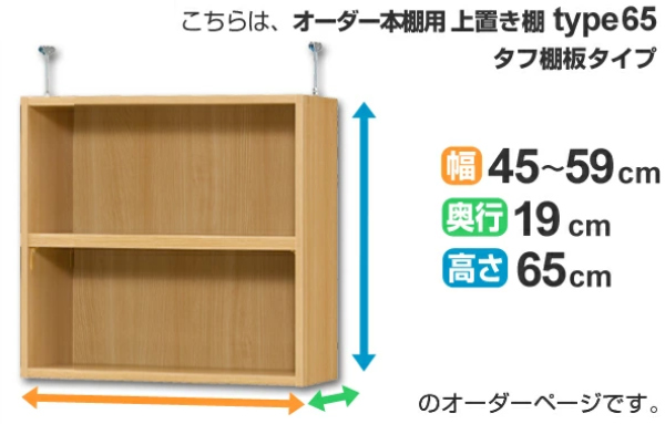 専用 上置き棚 タフ棚板 type65 オーダー本棚 奥行19cm 幅45-59cm用 （ オーダーメイド 天井つっぱり 薄型 スリム 本棚 収納棚 セミオーの通販は