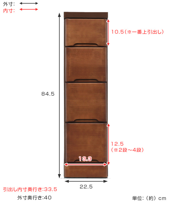 スリムチェスト 4段 すき間収納 引き出し 木製 幅22.5cm （ タンス チェスト ランドリーチェスト 整理タンス 完成品 収納 隙間 すきま 引出し 整理 衣類収納 ）_2