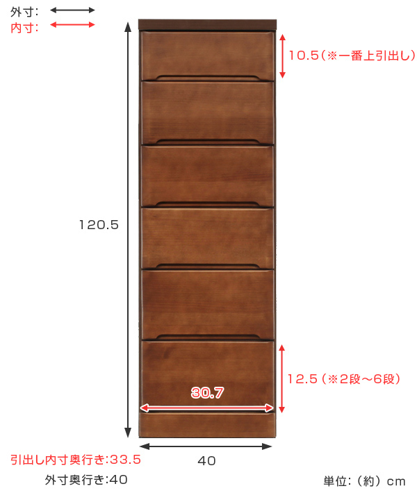 スリムチェスト 6段 すき間収納 引き出し 木製 幅40cm （ タンス チェスト ランドリーチェスト 整理タンス 完成品 収納 隙間 すきま 整理 衣類収納 チェストタンス 完成品）