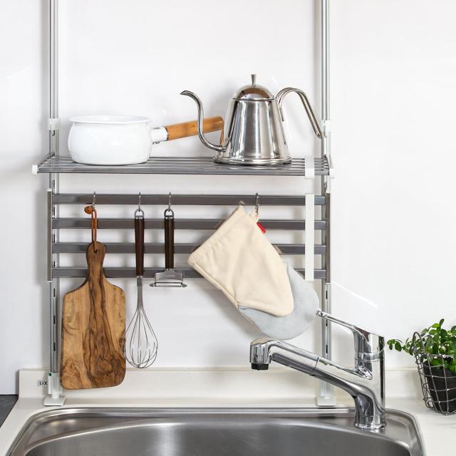 ステンレス水切りラック つっぱり 収納ラック 伸縮 つっぱり棚 2段 幅50〜90cm （ シンク上
