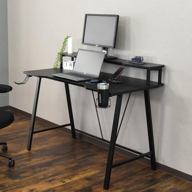 パソコンデスク 幅120cm モニタースタンド付き グランディール ゲーミングデスク ワークデスク PCデスク 机 収納付き 勉強机 デスク ゲーム 仕事 ドリンクホルダー コントローラーホルダー 奥行60cm ブラック 学習机 勉強デスク の通販は