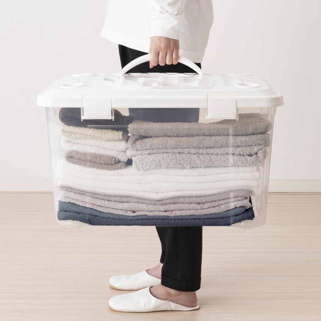 収納ボックス 幅58×奥行42×高さ34cm フタ付き 持ち手付き プラスチック 6個セット （ 収納ケース 収納 衣類 小物 キャスター付き 片開き ロック式 積み重ね 持ち運び フタ 持ち手 付き 防災グッズ 食品 日用品 ストック おもちゃ ）_14