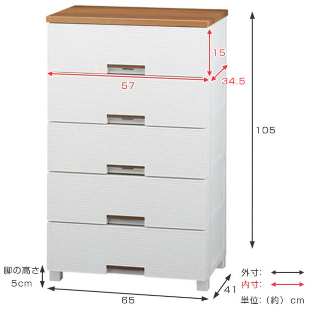 チェスト フィッツプラス メッシュ 5段 幅65×奥行41×高さ105cm FM6505 （ プラスチック 引き出し 日本製 完成品 タンス 収納 衣類収納 Fits フィッツ 衣装ケース 収納ケース 背面処理 リビング収納 洋タンス 木製天板 大容量 ）