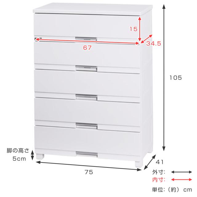 チェスト フィッツプラス プレミアム 5段 幅75×奥行41×高さ105cm FP7505 （ プラスチック 引き出し 日本製 完成品 タンス 収納 衣類収納 Fits フィッツ 衣装ケース 収納ケース 背面処理 リビング収納 洋タンス 木製天板 大容量 ）_3