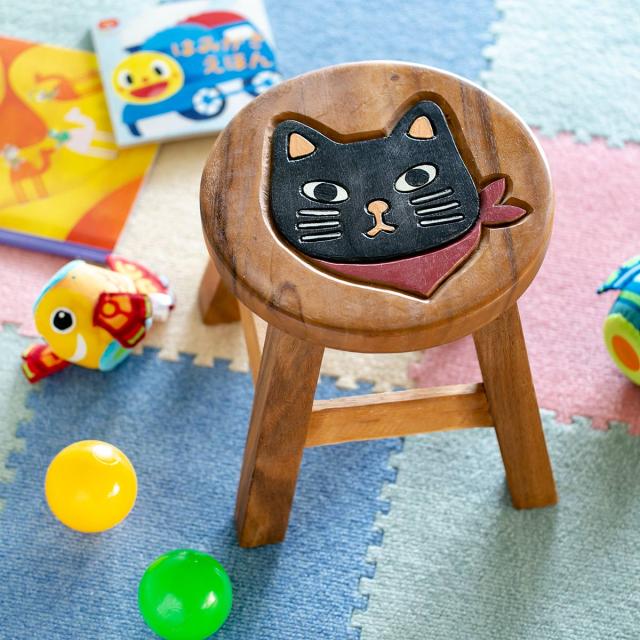スツール スカーフねこ 木製 天然木 丸椅子 （ 丸 ウッド