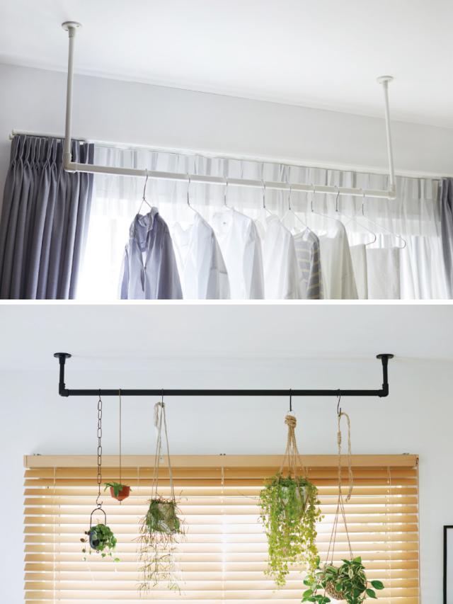 室内物干し TOSO 幅140×高さ47cm ハンギングバー アイアンバー （ ハンガーバー アイアン 物干し 幅140cm 天吊り ハンガーパイプ 室内干し おしゃれ ハンガーラック 洗濯物干し インテリア 衣類 収納 クローゼット ランドリー ）